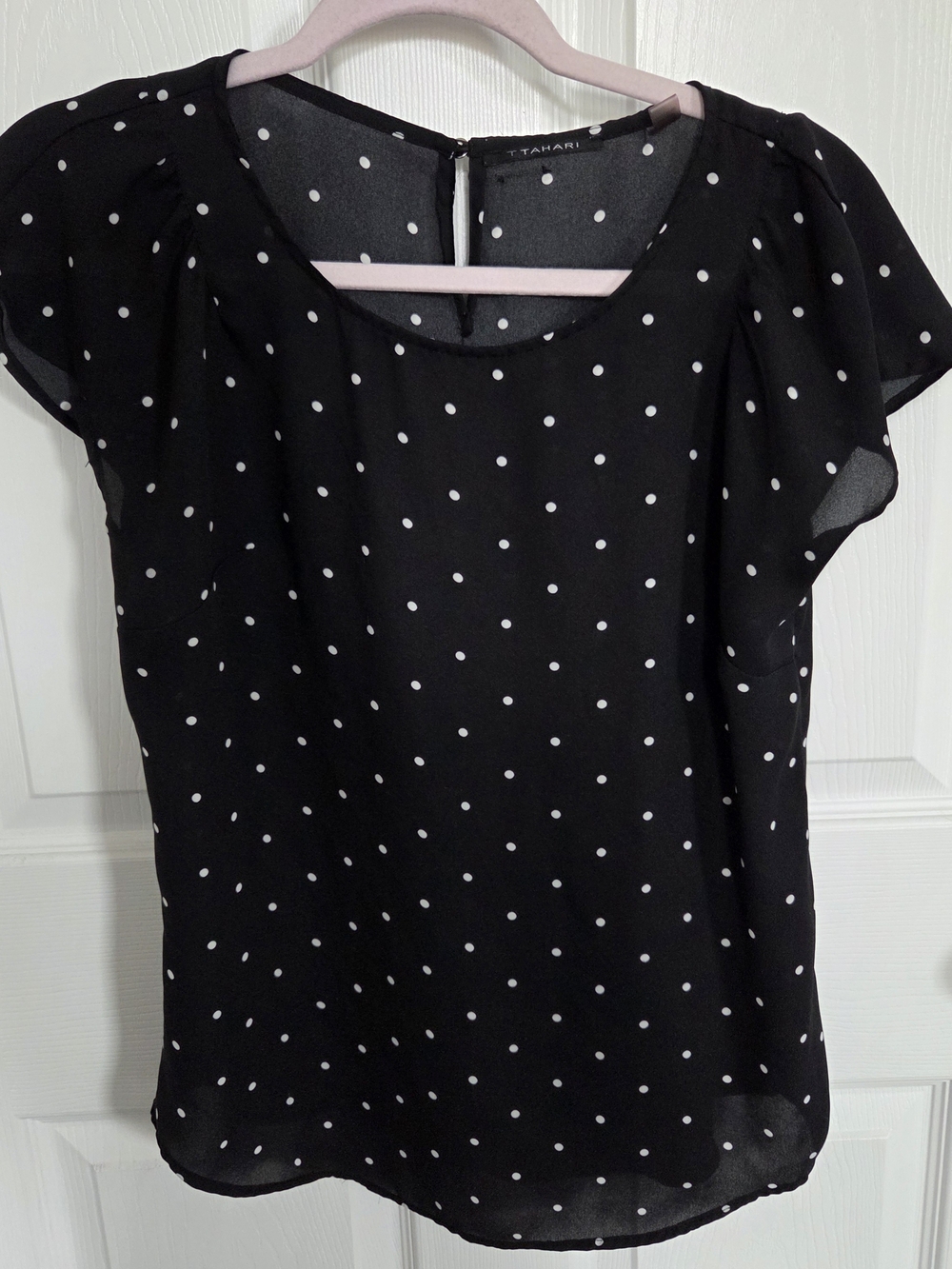 T Tahari Black and White Polka Dot Cap Sleeve Blouse
